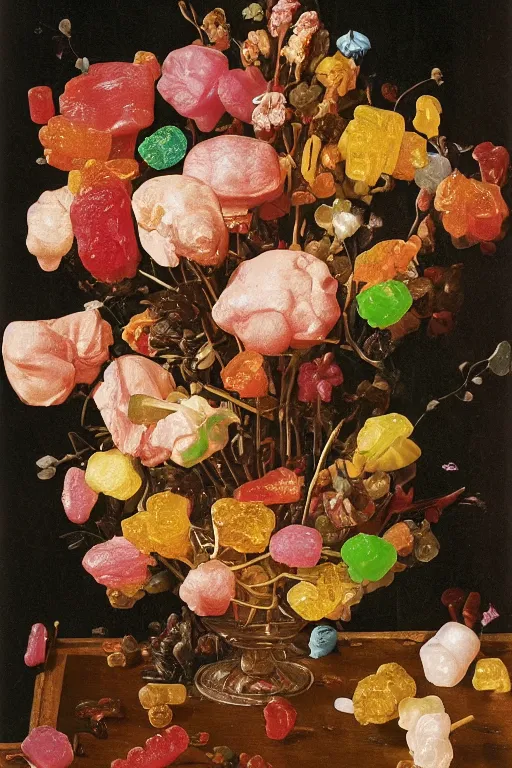 Prompt: still life of a bouquet of flowers made of gummy bears and jelly beans, rubbery translucent sweets, highly detailed, close up, Northern Renaissance