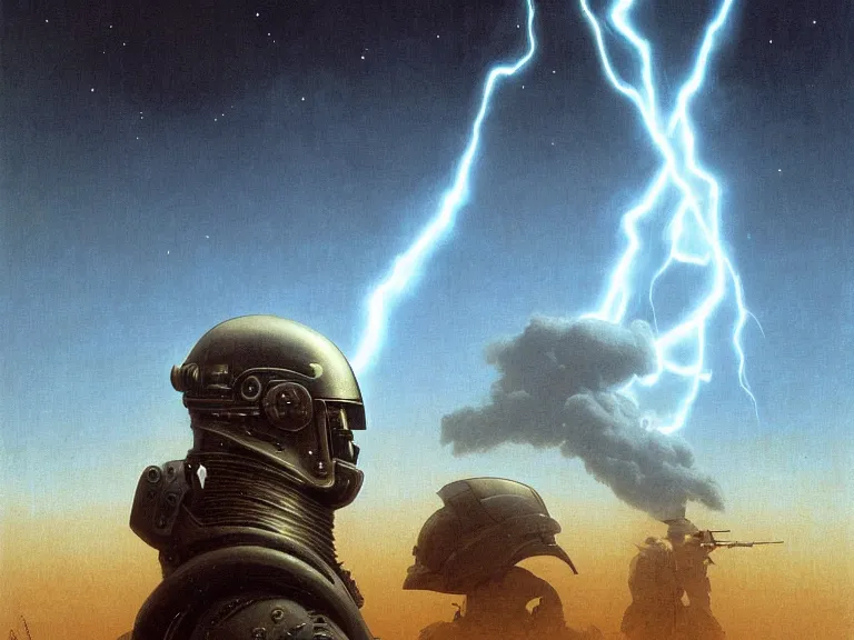 Image similar to a detailed profile portrait painting of a bounty hunter in combat armour and visor gazing into the sky. Smoke. cinematic sci-fi poster. Cloth and metal, samurai Flight suit, accurate anatomy portrait symmetrical and science fiction theme with lightning, aurora lighting clouds and stars. Clean and minimal design by beksinski carl spitzweg moebius and tuomas korpi. baroque elements. baroque element. intricate artwork by caravaggio. Oil painting. Trending on artstation. 8k