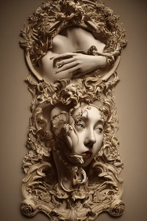 Image similar to elegance, surrealism, sculpture, baroque element. intricate artwork by caravaggio. trending on artstation, baroque elements, octane render, cinematic lighting, hyper realism,