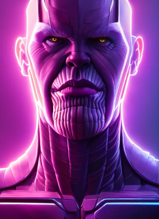 Image similar to portrait of thanos cyber humanoid, intricate, elegant, cyber neon lights, highly detailed, digital painting, artstation, glamor pose, concept art, smooth, sharp focus, illustration, art by artgerm and greg rutkowski