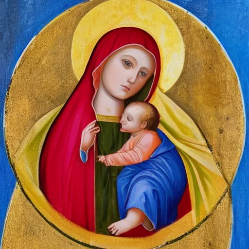 Prompt: beautiful painting of the Virgin Mary and baby Jesus, high quality, highly deatailed, 8k, vivid, coherent, Romanticism, medieval