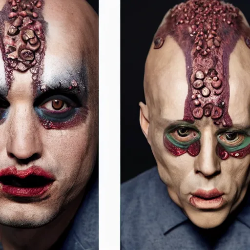 Prompt: an atractive male wearing prosthetics that makes his skin look like tiny mushrooms are growing from it, make up made the winner of the tv show the face off, photographed by andrew thomas huang for a magazine