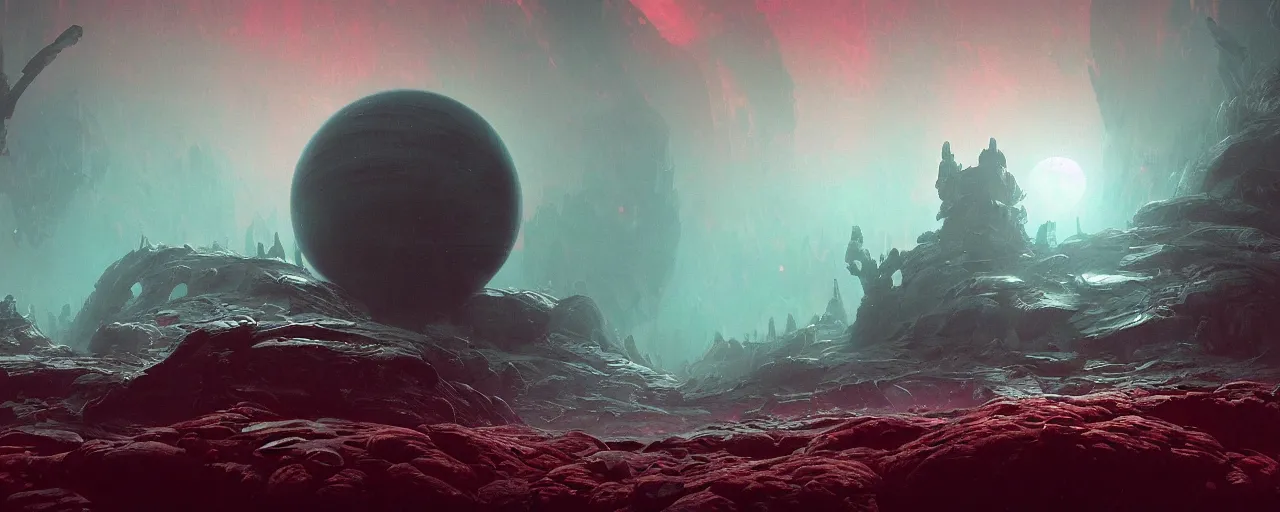 Image similar to ” outer planet with thick fog and alien artefacts, [ cinematic, detailed, epic, widescreen, opening, establishing, mattepainting, photorealistic, realistic textures, octane render, art by paul lehr ] ”