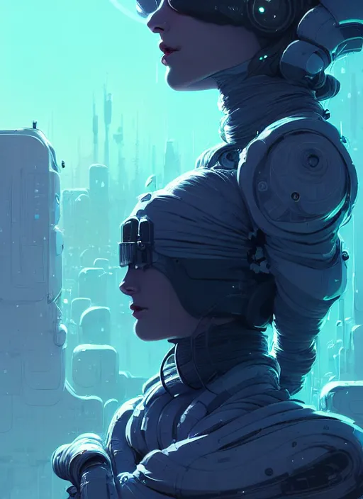 Image similar to highly detailed portrait of stunning android elemental witch lady, stray wiring by atey ghailan, james gilleard, by joe fenton, by greg rutkowski, by greg tocchini, by kaethe butcher, 4 k resolution, gradient blue, cyan, black and white color scheme!!! ( ( snowy glaciated robotic dystopian city background ) )