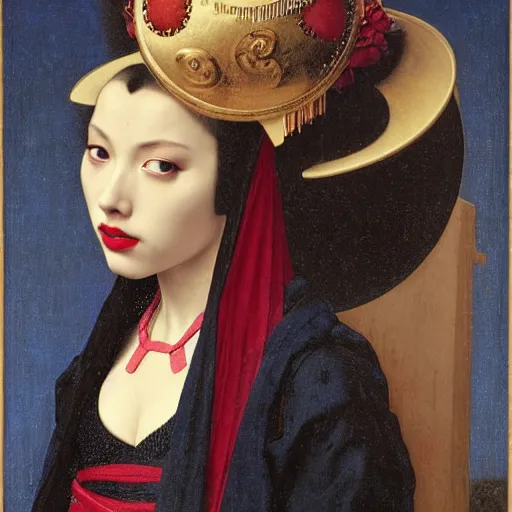 Prompt: front symmetric face of very young scarlet johansson in japanese costume, wearing victorian mask, by jan van eyck, tom bagshaw, jean delville, william bouguereau, albrecht durer, symbolist painting, mysterious mood