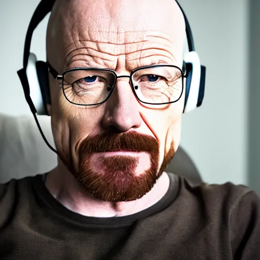 Image similar to professional head shot of walter white wearing a gaming headset and sitting in a gaming chair in a bedroom, 8 k, dslr, very detailed, very intricate,