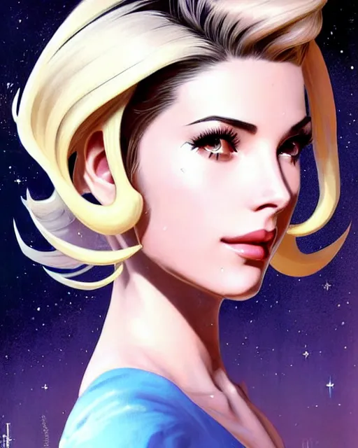 Prompt: mercy from overwatch, ashley greene's face combined with grace kelly's face, in space, character portrait, portrait, close up, concept art, intricate details, highly detailed, vintage sci - fi poster, retro future, vintage sci - fi art, vintage, in the style of chris foss, rodger dean, moebius, michael whelan, and gustave dore