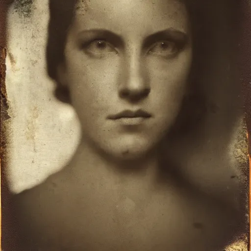 Prompt: antique photograph of a beautiful woman, cracked and faded photo paper, staring at the camera, headshot, dark background, 1 8 5 0, low light, dark, monsters in the background, 4 k, artstation octane render