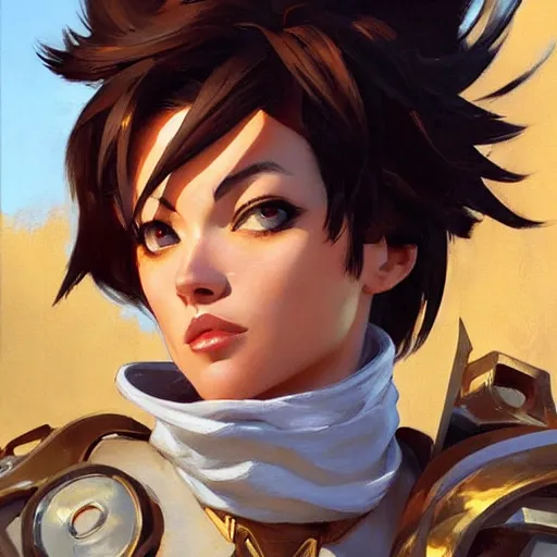 Prompt: greg manchess painting of tracer wearing a knight armor, medium shot, organic painting, sunny day, bold shapes, hard edges, street art, trending on artstation, by huang guangjian and gil elvgren and sachin teng and artgerm and greg rutkowski and alphonse mucha