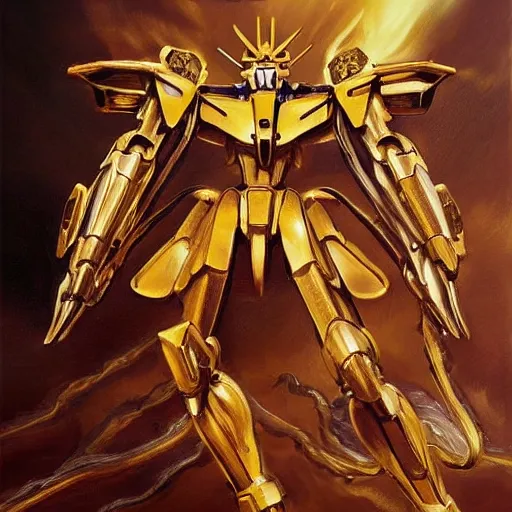 Image similar to H.R. Gieger Golden Gundam, evangelion beast mode, dramatic dynamic lighting, intricate, very very elegant, highly detailed, digital painting, artstation, very hyperrealistic, very very very HR GIGER, very beautiful, concept art, smooth, sharp focus, illustration, art by artgerm and greg rutkowski and alphonse mucha daily deviation