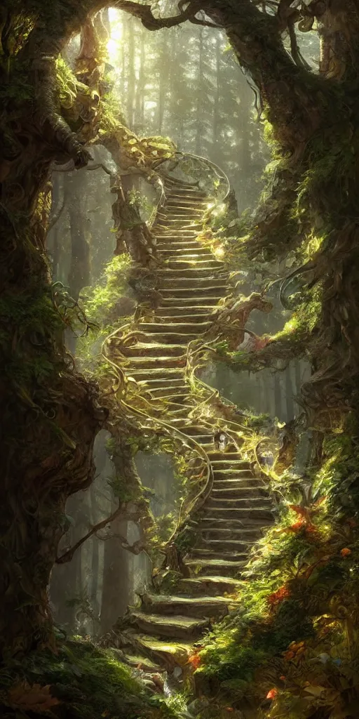 Image similar to a man walking up a steep and winding staircase, in magical woods, intricate, elegant, highly detailed, digital painting, artstation, concept art, sharp focus, beautiful illustration, by justin gerard and artgerm, 8 k