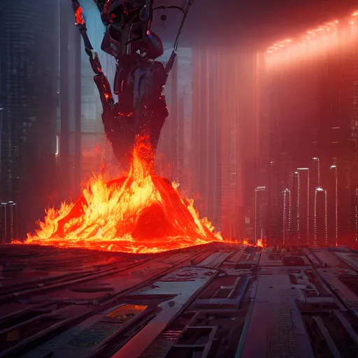 Prompt: futuristic hellscape, burning fire, robots, 8k, fine detail, hyper realistic, photo