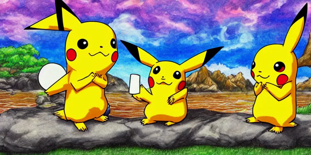 Prompt: ! dream pikachu smoking a fat blunt with ash sitting on a rock next to a river, bright blue sky colorful detailed drawing