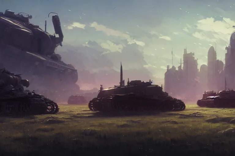 Prompt: concept art of an open field with ruined dieselpunk orcish tanks in the background, key visual, ambient lighting, highly detailed, digital painting, artstation, concept art, sharp focus, by makoto shinkai and akihiko yoshida and hidari and wlop