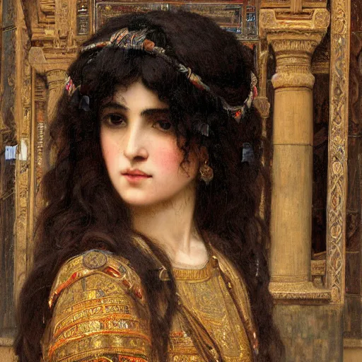 Prompt: orientalist portrait of a mesopotamian woman with thick black bangs and curls standing inside sandstone temple intricate artwork by john william waterhouse and Edwin Longsden Long and Theodore Ralli and Henryk Siemiradzki. trending on artstation, very coherent symmetrical artwork high detail 8k