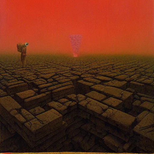 Prompt: a person trapped in a gigantic stone maze, yellow sky, by Beksinski