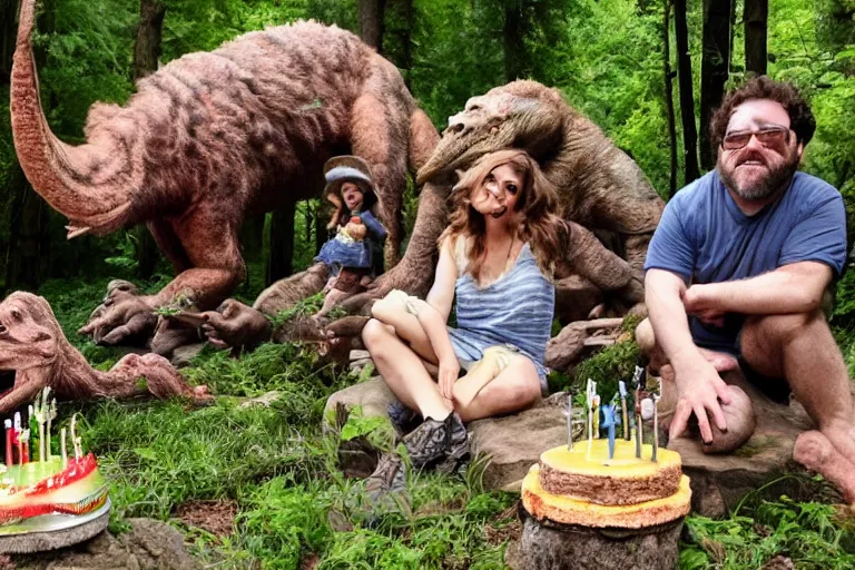 Image similar to photo, three hairy fat neanderthal people, emma!! watson!!, eating outside, surrounded by dinosaurs!, gigantic forest trees, sitting on rocks, bright moon, birthday cake on the ground, front view