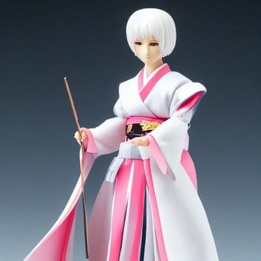 Image similar to a japanese princess young lady, with white hair and bangs!!!! beauty, anime action figure, well lit, studio light, painted action figure, toy advertisement