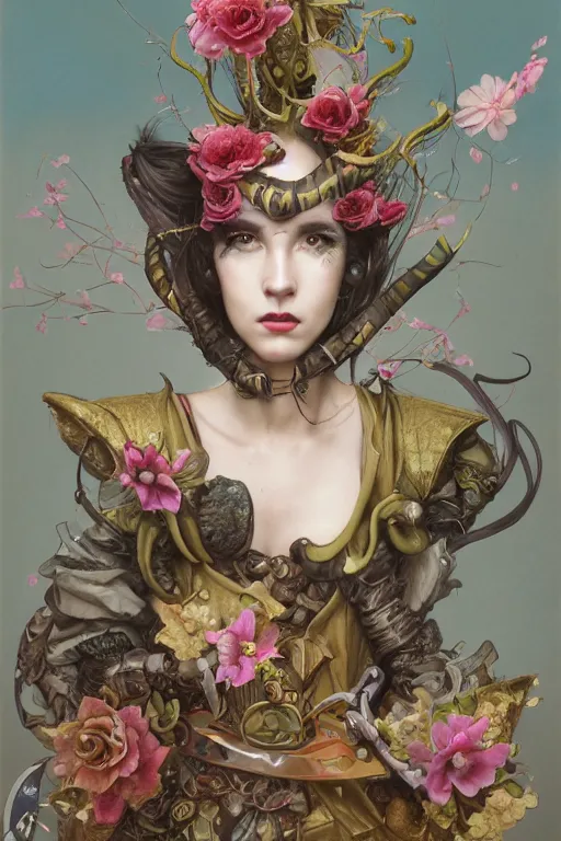 Image similar to a portrait photograph of a tiefling with a scaled skin transforming into a flower wearing a harajuku fashion and a tactical suit. by tom bagshaw, donato giancola, hans holbein, walton ford, gaston bussiere, brian froud, peter mohrbacher and magali villeneuve. 8 k, hyperrealism, fashion editorial.