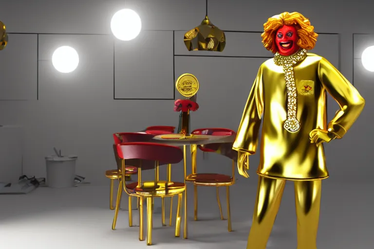 Image similar to a still of ronald mcdonald surrounded by gold and diamonds, award - winning, photograph, 3 d render, unreal engine, 4 k detailed