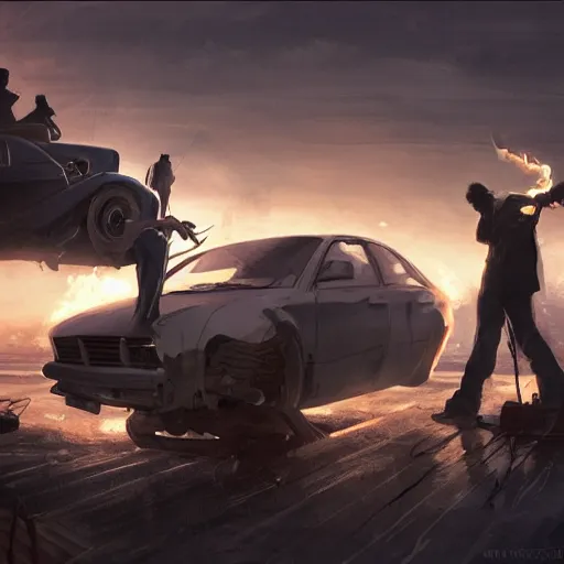 Image similar to man standing on a pile of cars, torch in hand, sunset, concept art, intricate details, highly professionally detailed, cgsociety, highly detailed -