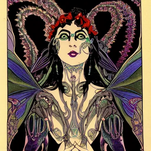 Image similar to Eldritch fairy lovecraft Woman with Art-Nouveau moth wings, black hair, Kali, and the Bodhisattva's Thousand Arms