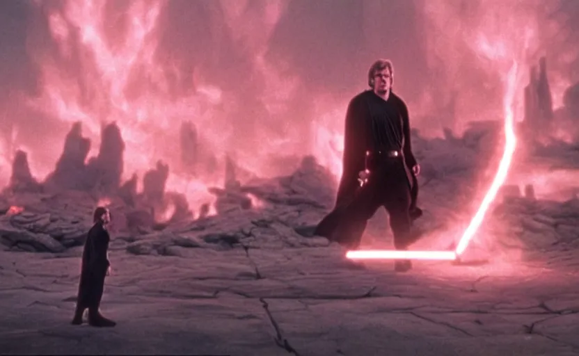 Prompt: screenshot of Luke Skywalker battling the ghost of Emporer Palpatine, with scattered ruins of a fiery pink forest, iconic scene from 1970s film by Stanley Kubrick, rise of skywalker, 4k HD, cinematic lighting, beautiful portrait of Mark Hammill, moody scene, stunning cinematography, anamorphic lenses, kodak color film stock, fire reak real life, ultra realistic, movie still