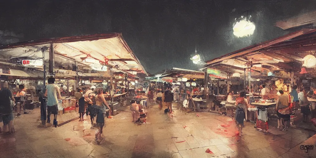 Prompt: a singaporean hawker centre at night, by greg rutkowski