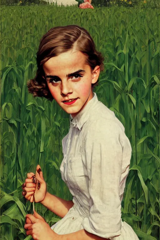 Prompt: photo photorealistic portrait photograph Emma Watson in a corn field 1950s portrait by Norman Rockwell