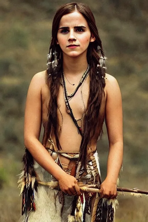 Image similar to “Photo of Native American indian woman Emma Watson, portrait, skilled warrior of the Apache, ancient, realistic, detailed, emma watson”