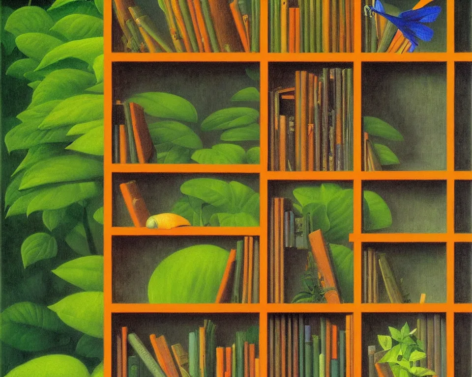Image similar to one small bookshelf in the rainforest by raphael, hopper, and rene magritte. hyperdetailed, proportional, romantic, enchanting, achingly beautiful, graphic print, trending on artstation.