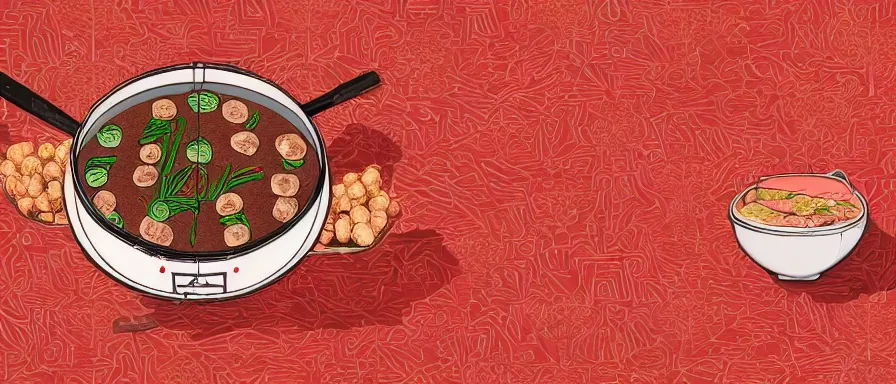 Prompt: a beautiful 4 k hd wall paper illustration of roasted string hotpot, red wallpaper design, simple style, kebab hotpot style, commercial kebab hotpot wallpaper display, wall painting, from china, simple structure, surrealistic, chinese style, victo ngai, denoise, deblurring