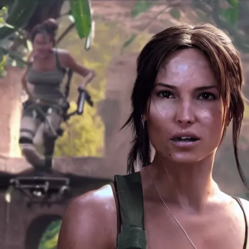 Image similar to Lara croft eating durian, cinematic, ads photo
