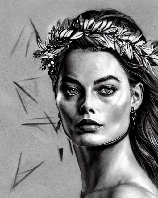 Image similar to realism tattoo sketch of margot robbie as a beautiful greek goddess aphrodite with piercing eyes wearing a laurel wreath and triangle earrings, in the style of greg rutkowski, amazing detail