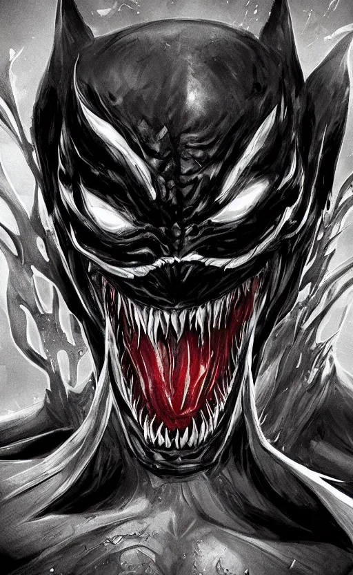 Prompt: venom combined with batman, venomized, creepy art, hyperrealistic art, digital art, cinematographic, concept art, artstation, 8 k