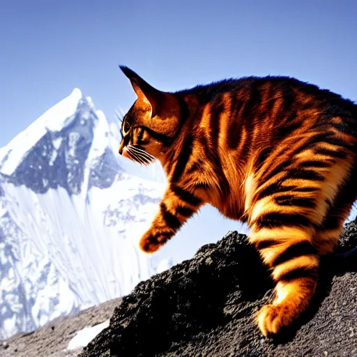 Prompt: a tortoiseshell cat climbing mount everest, nature photography