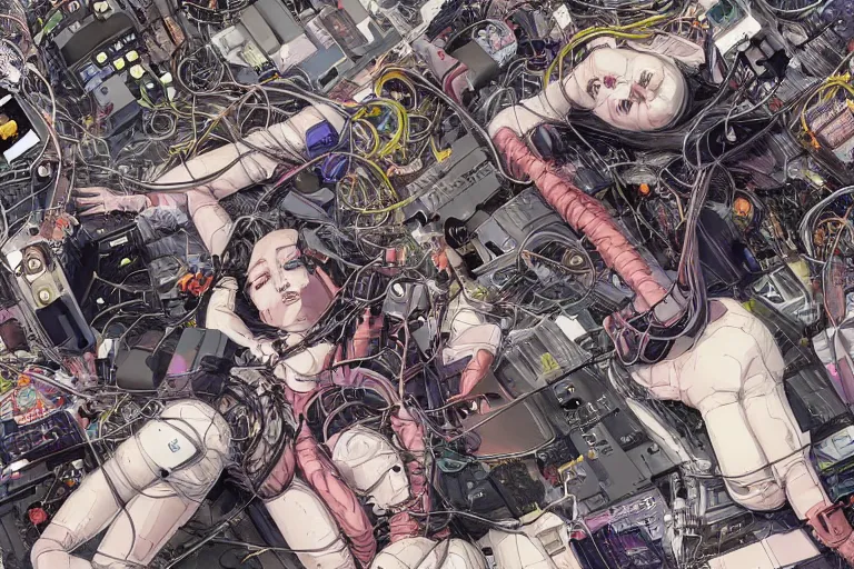 Image similar to a refined cyberpunk illustration of a group of female androids' lying on the floor with their body parts scattered around and cables and wires coming out, by katsuhiro otomo and masamune shirow, hyper-detailed, colorful, view from above, wide angle, close up, white background