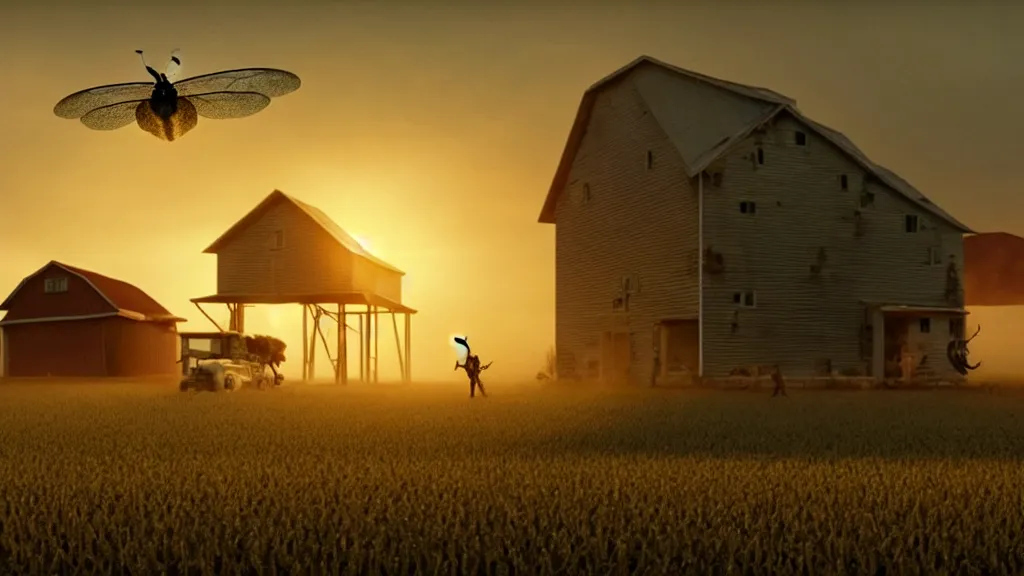 Image similar to giant insects terrorize a farm house, film still from the movie directed by Denis Villeneuve, golden hour