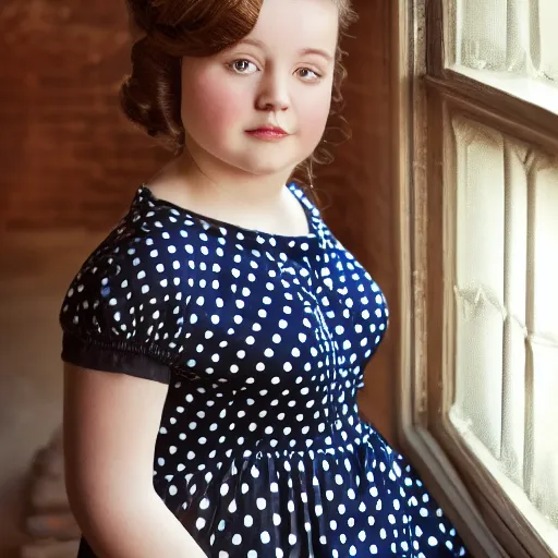 Image similar to charming and chubby girl, wearing a polka dot dress and a victorian - style hairdo on her head, sits in the large and bright studio. sunlight enters through the barred window. very realistic shiny skin. subsurface scattering shiny skin. beautiful lighting, 4 k post - processing, highly detailed, 5 k extremely detailed, 3 d. cinematic scene.