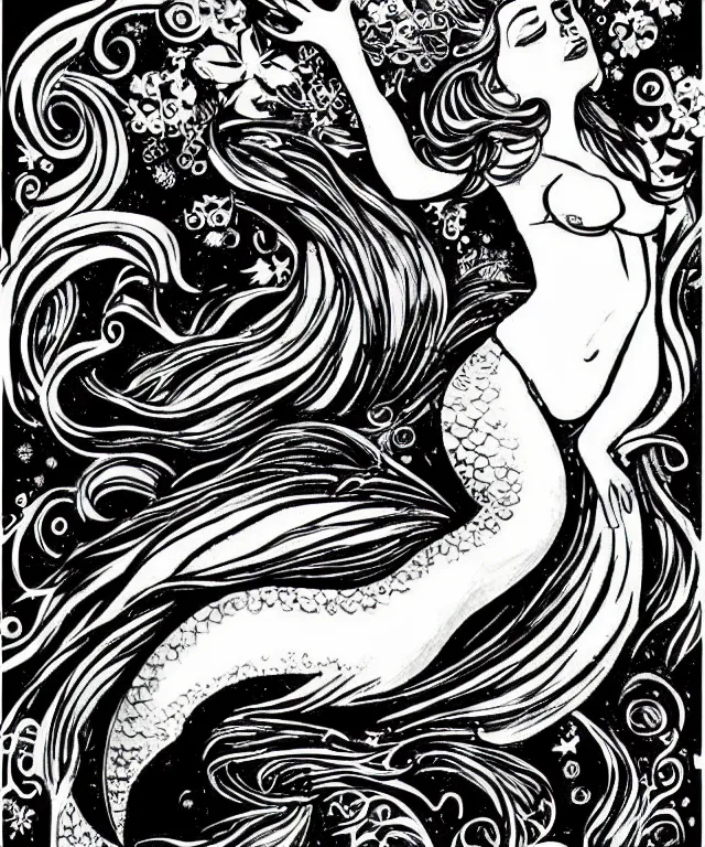 Image similar to black and white illustration, beautiful mermaid