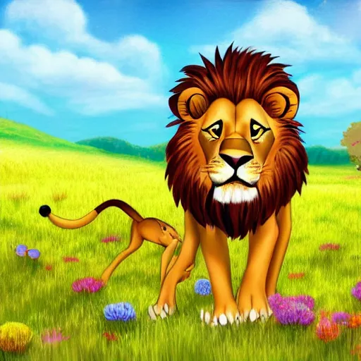 Image similar to full body lion in a meadow, Cartoon for children's book, ArtStation, sharp focus, 4k