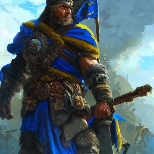 Image similar to Ukrainian warrior with Ukrainian blue and yellow flag successfully fights russian and soviet orcs, epic, intricate, highly detailed, digital painting, artstation, concept art, smooth, sharp focus, illustration, evil, horrifying, art by artgerm and greg rutkowski and alphonse mucha