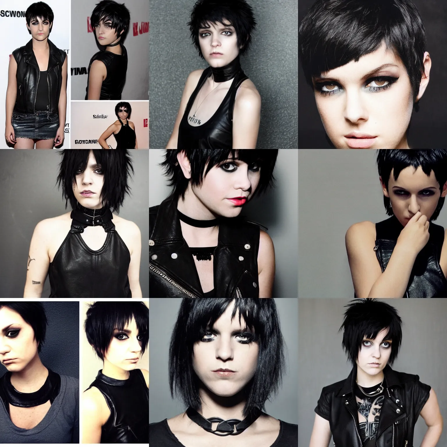 Prompt: an emo by raphael. her hair is dark brown and cut into a short, messy pixie cut. she has large entirely - black eyes. she is wearing a black tank top, a black leather jacket, a black knee - length skirt, a black choker, and black leather boots.