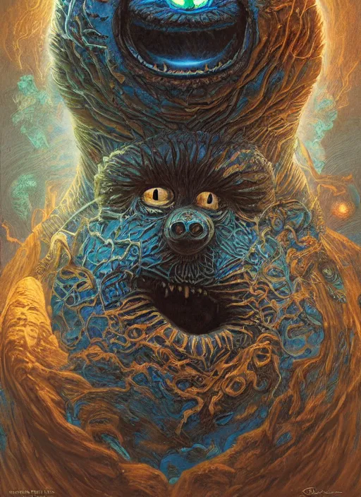 Image similar to cookie monster glowing eyes, shamanic poster lsd art, intricate, elegant, highly detailed, centered, digital painting, artstation, concept art, smooth, sharp focus, illustration, artgerm, tomasz alen kopera, peter mohrbacher, donato giancola, joseph christian leyendecker, wlop, frank frazetta