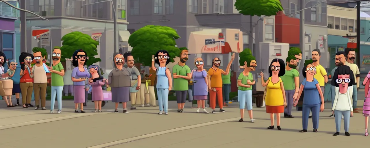 Image similar to cast of bob's burgers in the computer game the sims, tilt shift, volumetric lighting, computer graphics