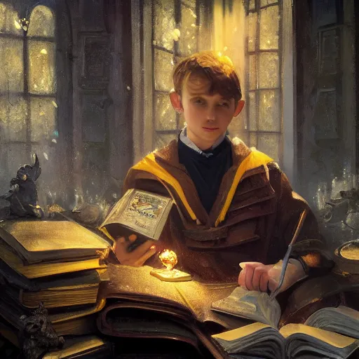 Prompt: an oil painting of a portrait of a handsome hogwarts boy in hufflepuff holding glowing magic books, fairy tale, dreamy light, by wlop, greg rutkowski, thomas kinkade, super detailed, 3 d, hdr on, 4 k wallpaper