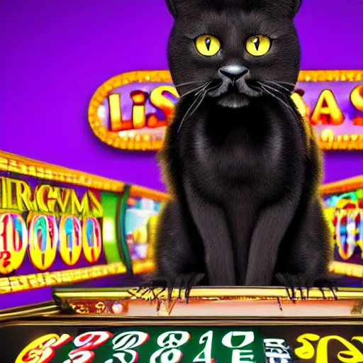 Prompt: cute fuzzy anthromorphic black cat sitting up playing a slot machine with las vegas casino background detailed painting 4 k