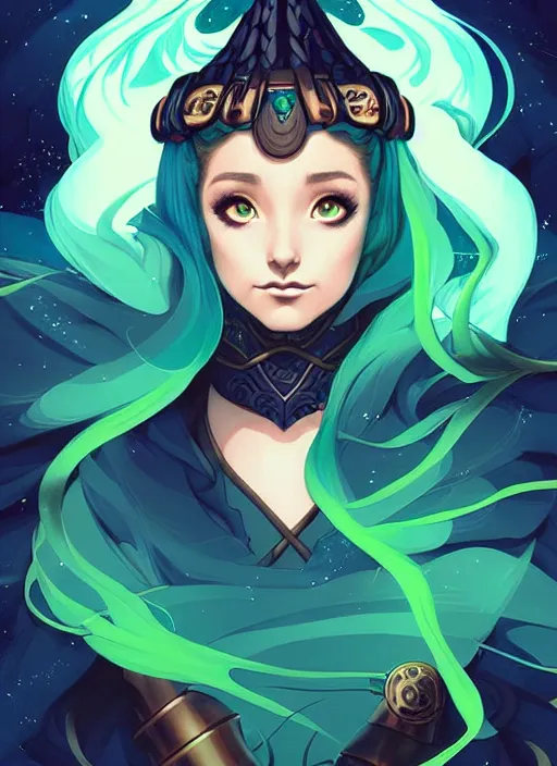 Image similar to style artgerm, joshua middleton, illustration, ariana grande as a high priestess wearing green pelt light armor, anime eyes, blue hair, swirling water cosmos, fantasy, dnd, cinematic lighting