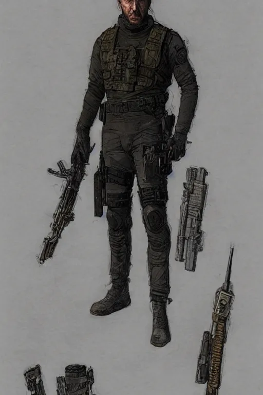 Image similar to Hector. Deadly blackops mercenary in tactical gear. Blade Runner 2049. concept art by James Gurney and Mœbius.