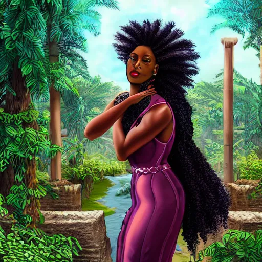 Image similar to a portrait of a black curly woman and ancient ruins with plants,digital art,retrowave art,trending on art station